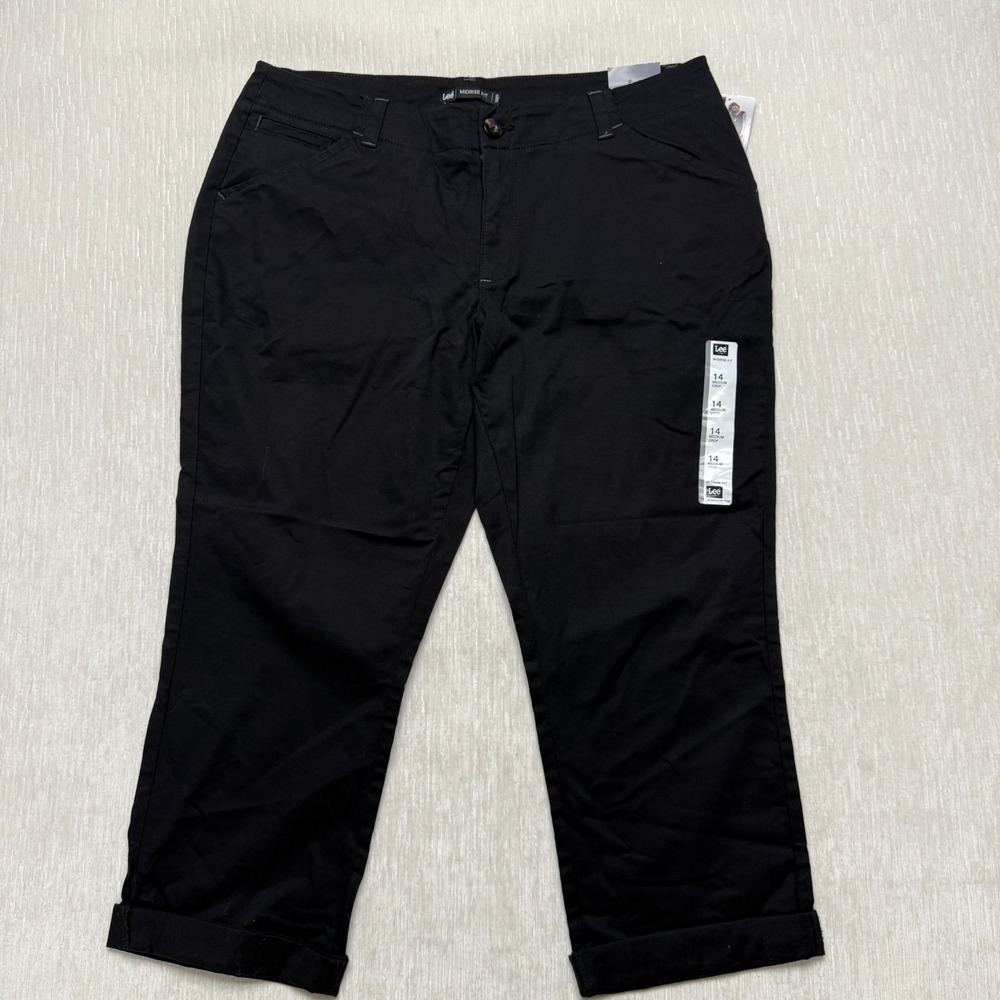 Lee Mid Rise Fit Crop Pants Womens 14M Black Cotton Stretch Preppy Cuffed Hem